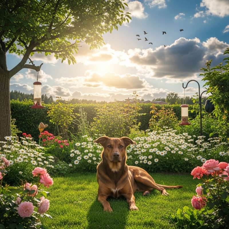 Calm Brown Dog in Serene Garden Setting
