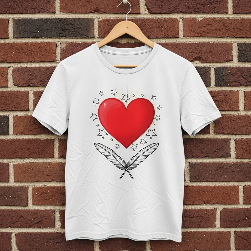 Wrinkled White T-Shirt with Heart Graphic and Stars