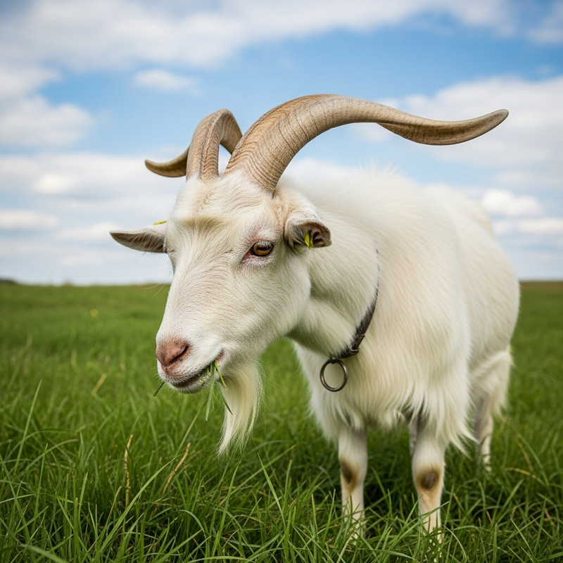 Majestic White Goat Grazing in a Green Pasture