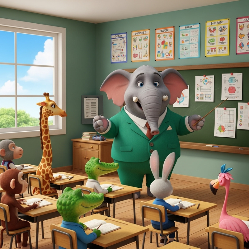 Anthropomorphic Elephant Teaching in Classroom - Educational Scene