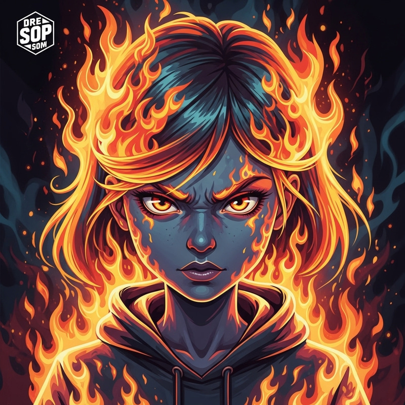 Cartoon Girl in Flames - Vibrant Album Artwork Cartoon Girl in Flames - Vibrant Album Artwork