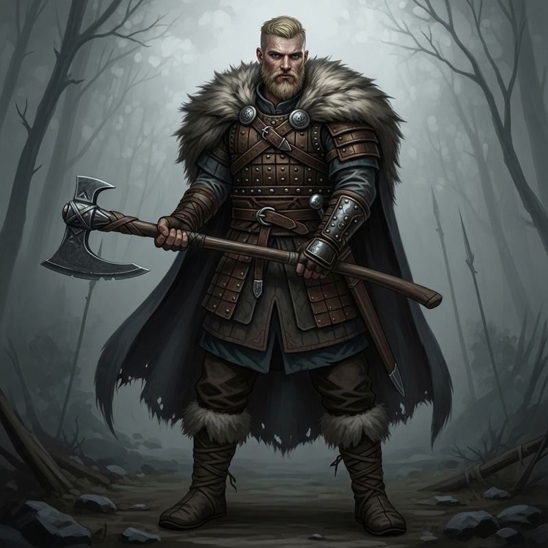 Young Blonde Viking Barbarian with Greataxe in Leather Armor Young Blonde Viking Barbarian with Greataxe in Leather Armor