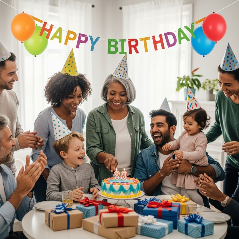 Vibrant Birthday Party with Cake, Balloons & Friends