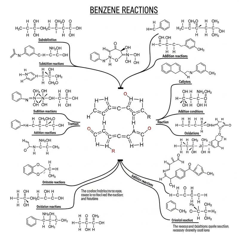 Benzene Reaction Mind Map: Detailed Organic Chemistry Illustration Benzene Reaction Mind Map: Detailed Organic Chemistry Illustration