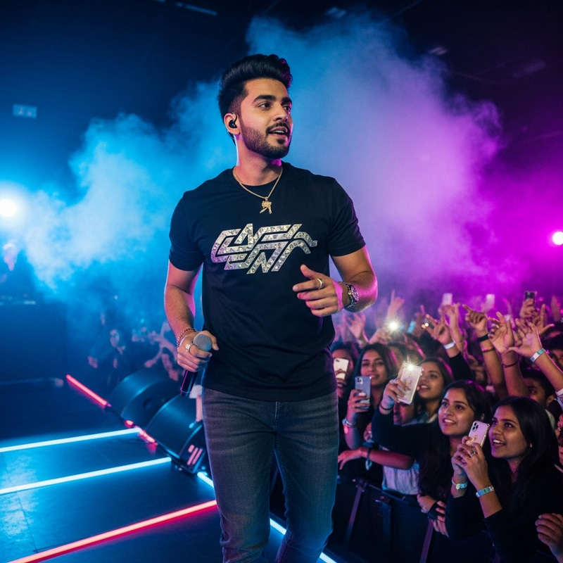 Jungkook in Stylish Black T-Shirt | Music Artist on Neon-lit Stage