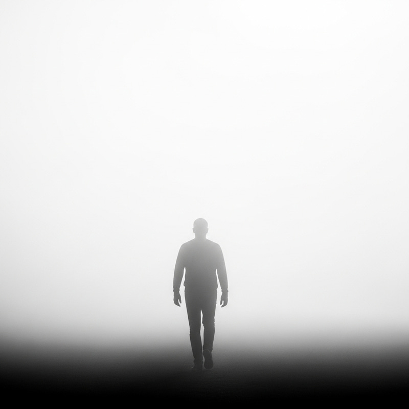 Silhouette Man Walking Away in Fog Silhouette Man Walking Away in Fog