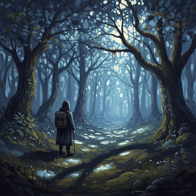 Mystical Forest Bathed in Moonlight with Mysterious Figure Mystical Forest Bathed in Moonlight with Mysterious Figure