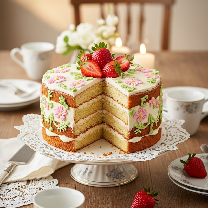 Delectable Layered Cake with Moist Sponge and Fresh Strawberries Delectable Layered Cake with Moist Sponge and Fresh Strawberries