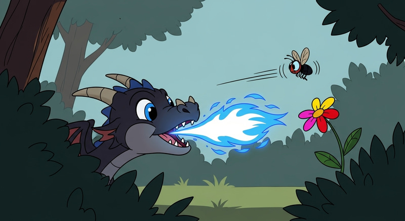 Dark Juvenile Dragon Spewing Blue Fire at Buzzing Fly Dark Juvenile Dragon Spewing Blue Fire at Buzzing Fly