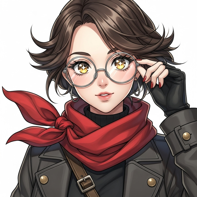Anime Girl with Red Scarf and Clear Glasses - Playful Character Portrait