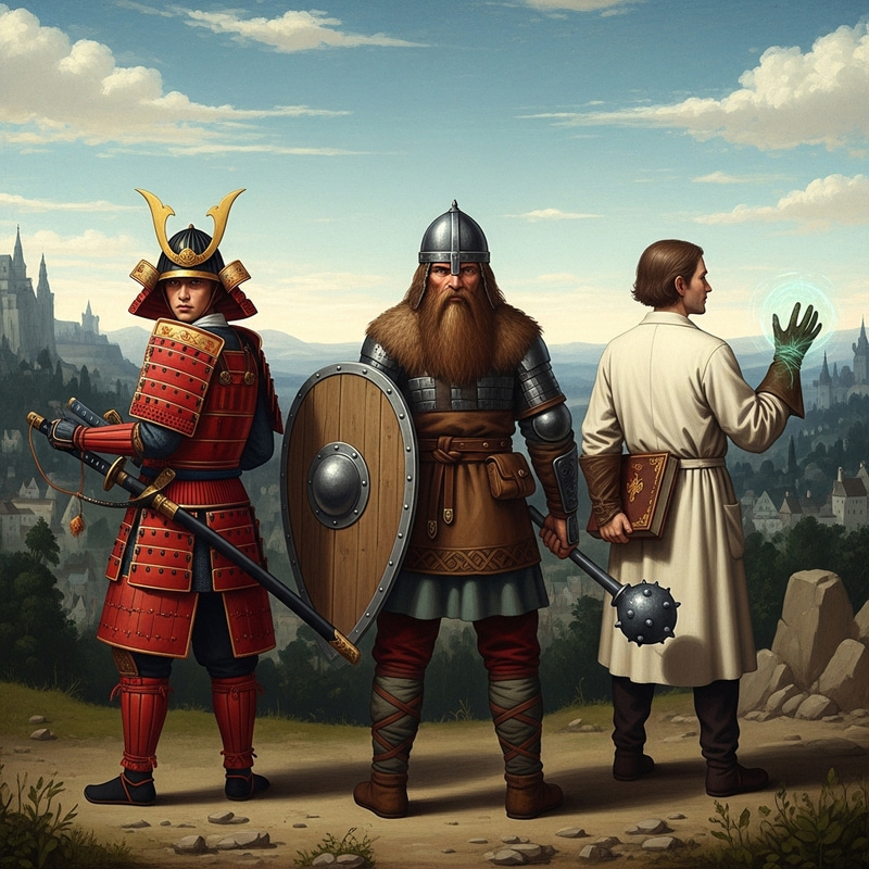 Medieval Heroes: Samurai, Bogatyr, and Scientist Vampire in Medieval Style Painting