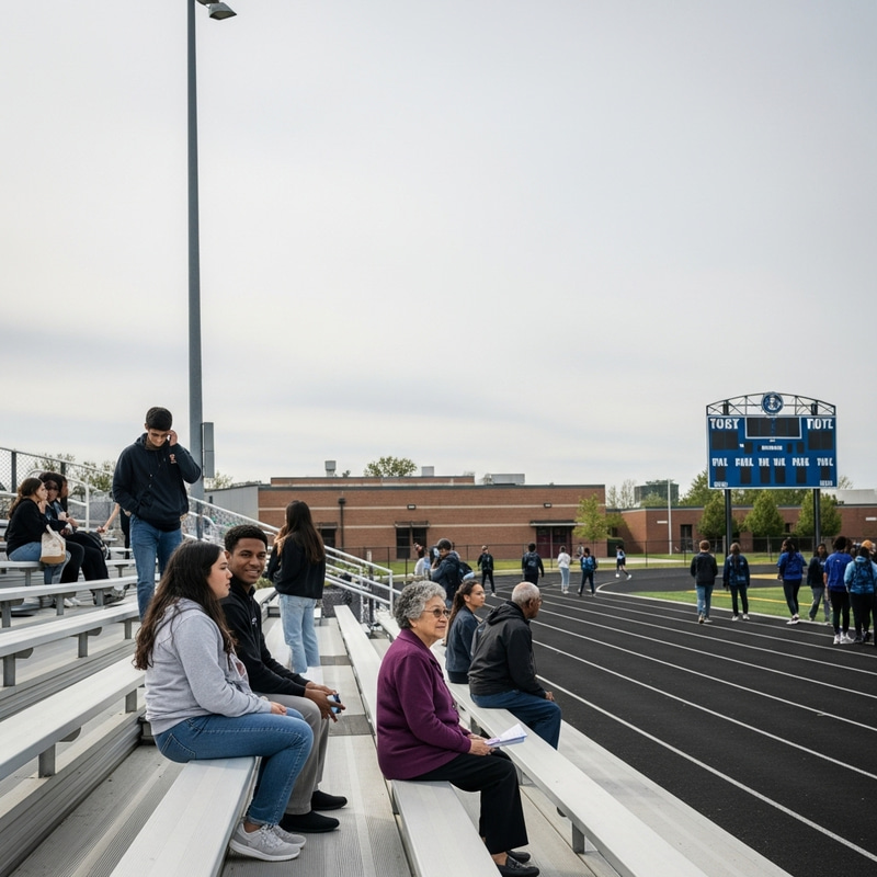 School Sports Ground Scene: Bored Students, Vacant Scoreboard, Sparse Spectators School Sports Ground Scene: Bored Students, Vacant Scoreboard, Sparse Spectators