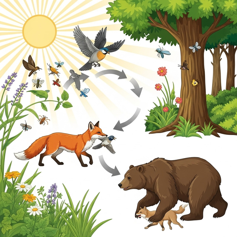 Vibrant Forest Food Chain: Sun, Plants, Insects, Bird, Fox, Bear Vibrant Forest Food Chain: Sun, Plants, Insects, Bird, Fox, Bear