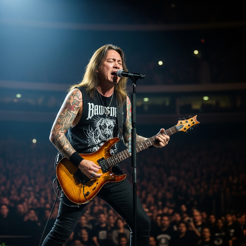 Asian Male Rockstar with Guitar, Tattoos, and Long Hair Spotlight Performance