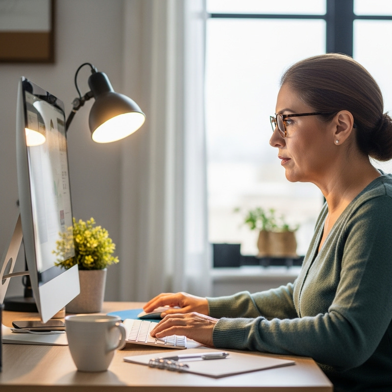 Hispanic Woman in Her 50s Working at Computer | Calm Workspace Hispanic Woman in Her 50s Working at Computer | Calm Workspace