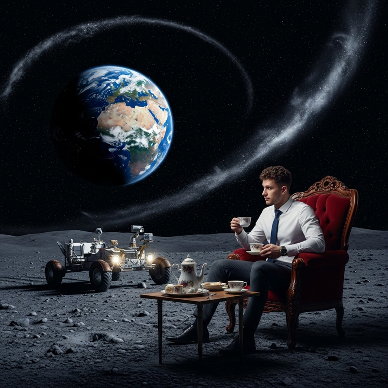 Elon Musk's Moon Tea Party: Cosmic Gathering on Lunar Surface