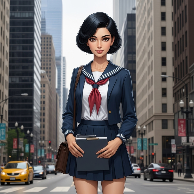 Chic Schoolgirl in Unique Square Hairstyle on Chicago Street