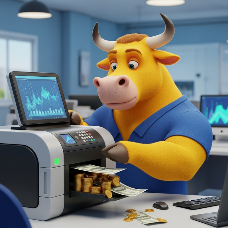 Vibrant Yellow Bull Printing Money in Modern Office Vibrant Yellow Bull Printing Money in Modern Office