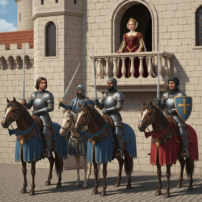 Beautiful Renaissance Painting of Queen, Knights and Castle