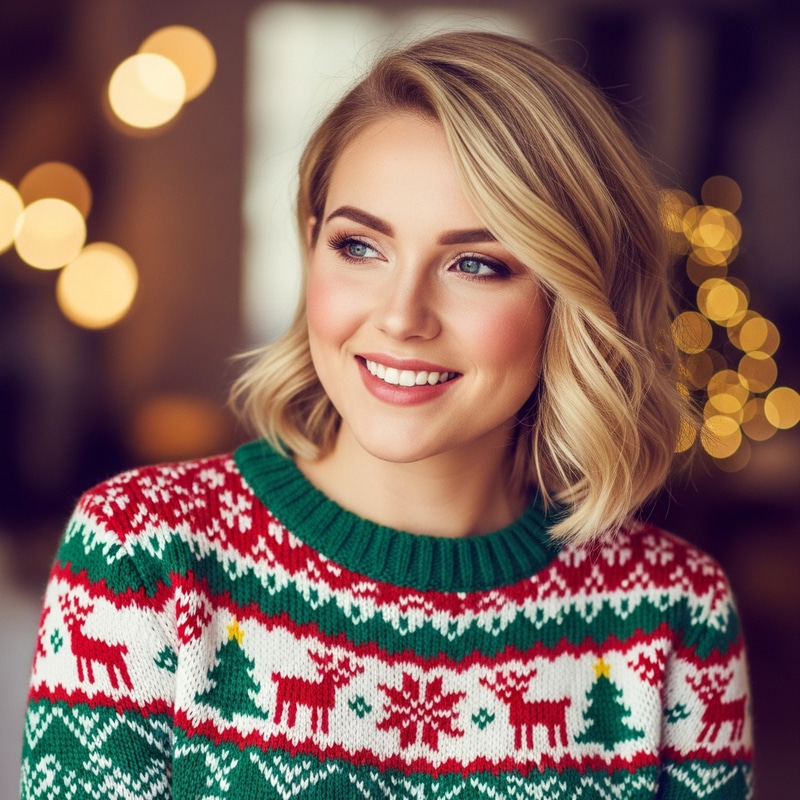 Bob Haircut Blonde Woman in Christmas Sweater | Festive Holiday Look Bob Haircut Blonde Woman in Christmas Sweater | Festive Holiday Look
