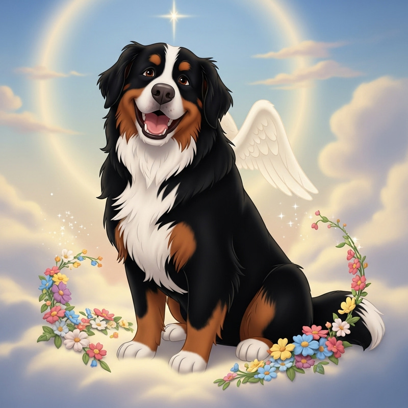 Whimsical Elderly Female Bernese Dog with Angelic Wings on a Magical Cloud Whimsical Elderly Female Bernese Dog with Angelic Wings on a Magical Cloud