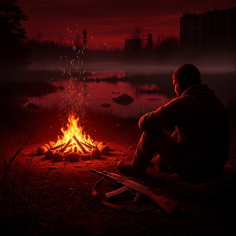 Chernobyl Stalker by Bonfire Near Swamp with Rifle | Dark Red Ambient Chernobyl Stalker by Bonfire Near Swamp with Rifle | Dark Red Ambient