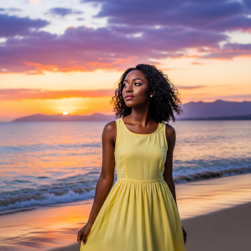 Beautiful Beach Landscape with Black Girl Looking at Sky Beautiful Beach Landscape with Black Girl Looking at Sky