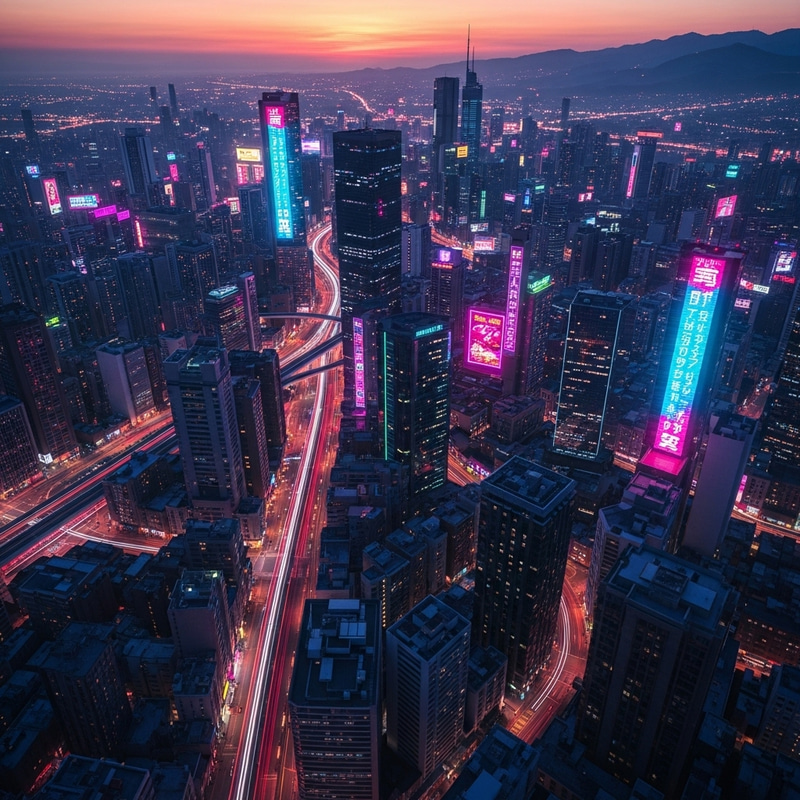 Vibrant Cyberpunk Metropolis at Sunset - Neon Lights & Dystopian Scenery