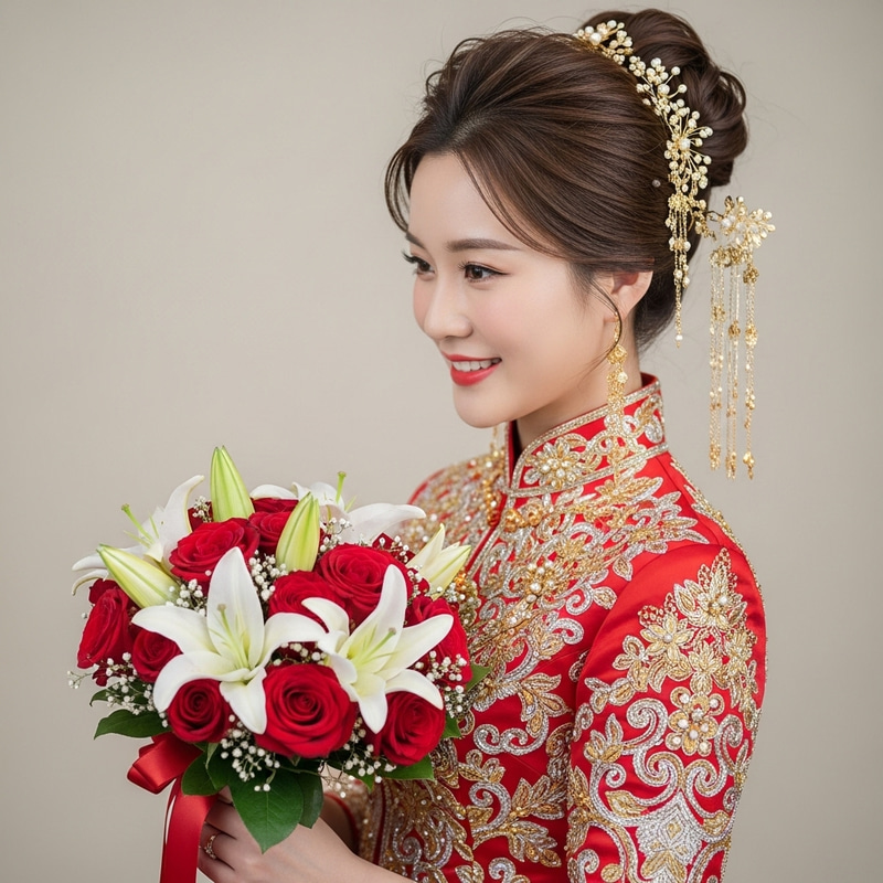 Elegant Asian Bride in Stunning Red Wedding Dress Elegant Asian Bride in Stunning Red Wedding Dress