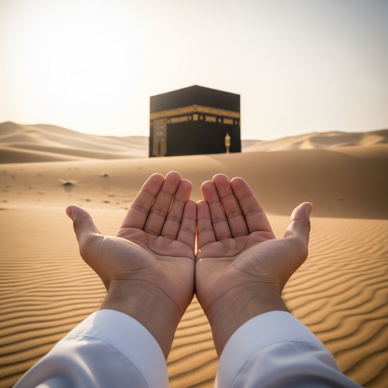 Open Hands in Desert Facing Kaaba: Pre-Islamic Scene
