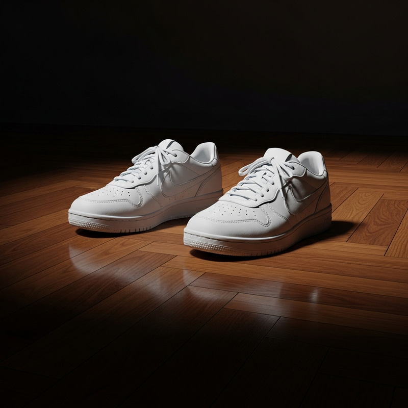 Elegant Nike Sneakers on Sleek Parquet Floor | Artistic Still Life Photography Elegant Nike Sneakers on Sleek Parquet Floor | Artistic Still Life Photography