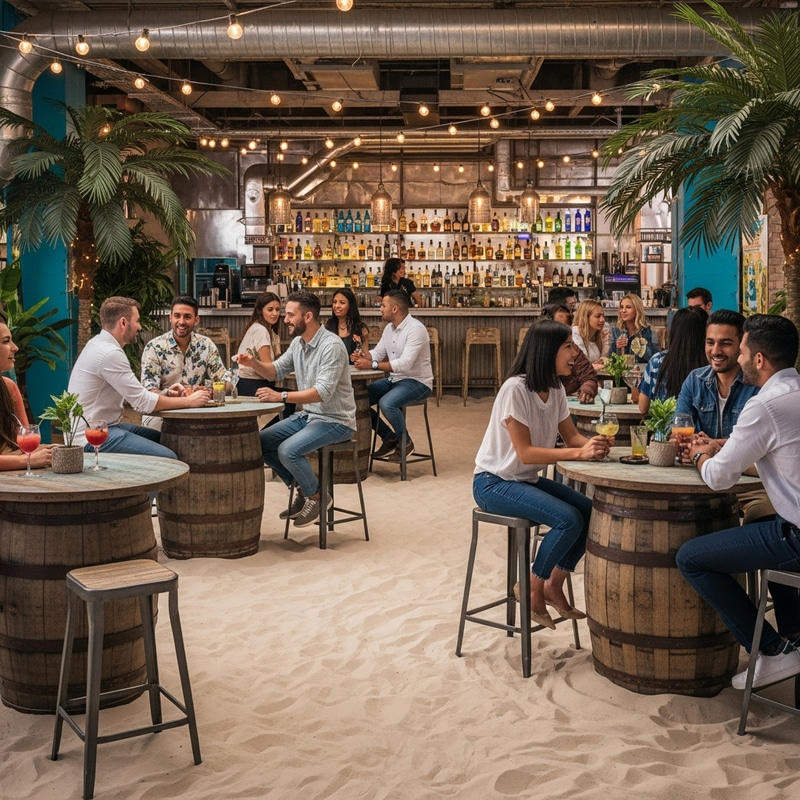 Lively Beach and Industrial Themed Bar with Sandbar Vibe Lively Beach and Industrial Themed Bar with Sandbar Vibe
