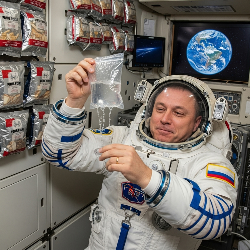 Vodka-Drinking Russian Astronaut in Cosmic Zero Gravity Scene