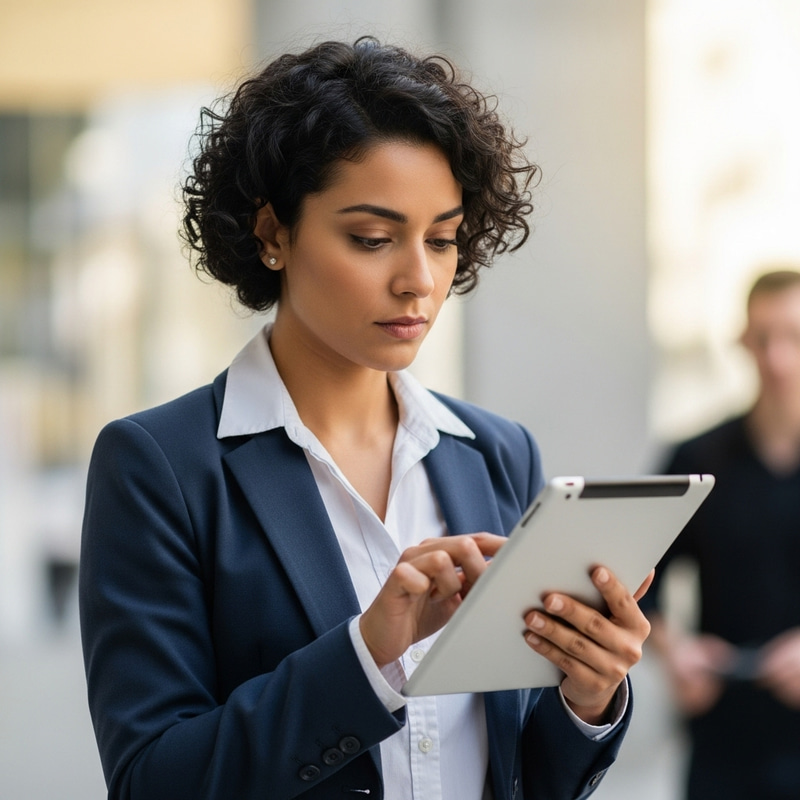 Focused Middle-Eastern Woman with Digital Tablet in Vibrant Scene Focused Middle-Eastern Woman with Digital Tablet in Vibrant Scene