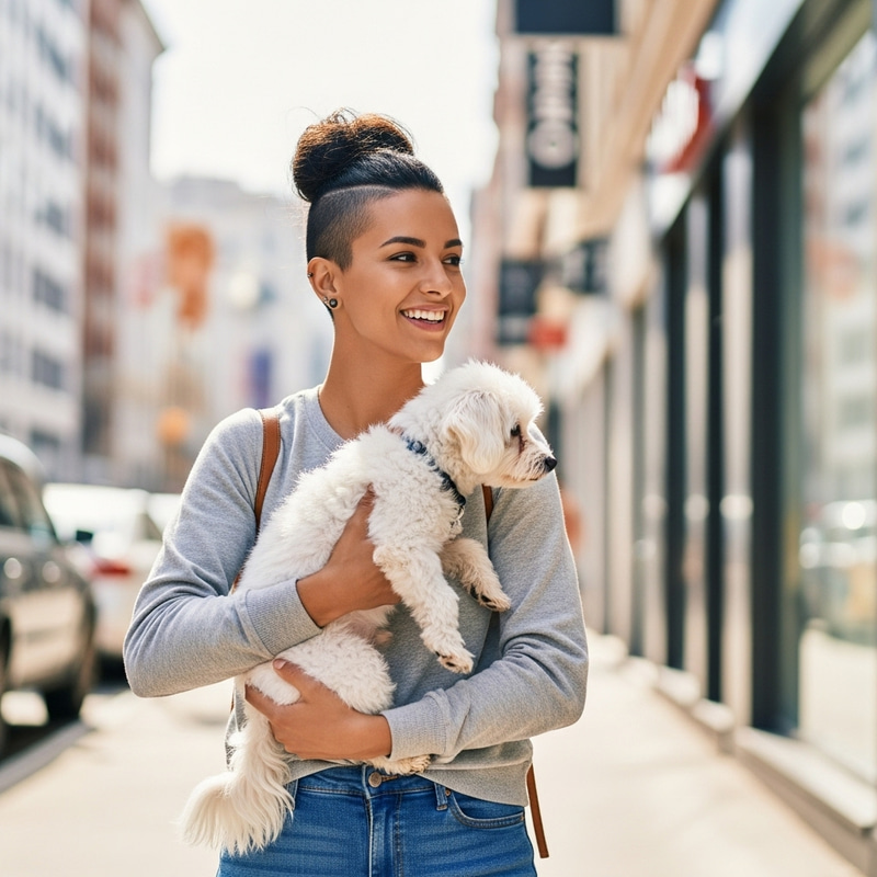 Hispanic Girl Walking Urban Streets with High Undercut and Stylish Bun Carrying Dog Hispanic Girl Walking Urban Streets with High Undercut and Stylish Bun Carrying Dog