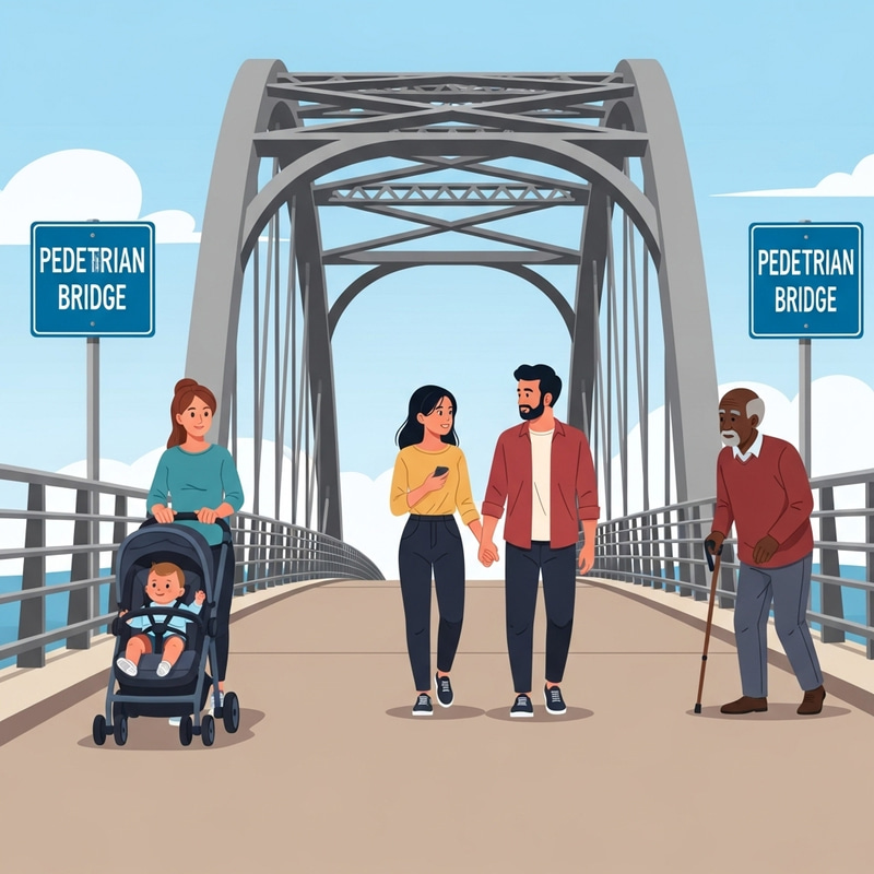 Crossing Pedestrian Bridge with Companions: Various People Crossing Pedestrian Bridge with Companions: Various People