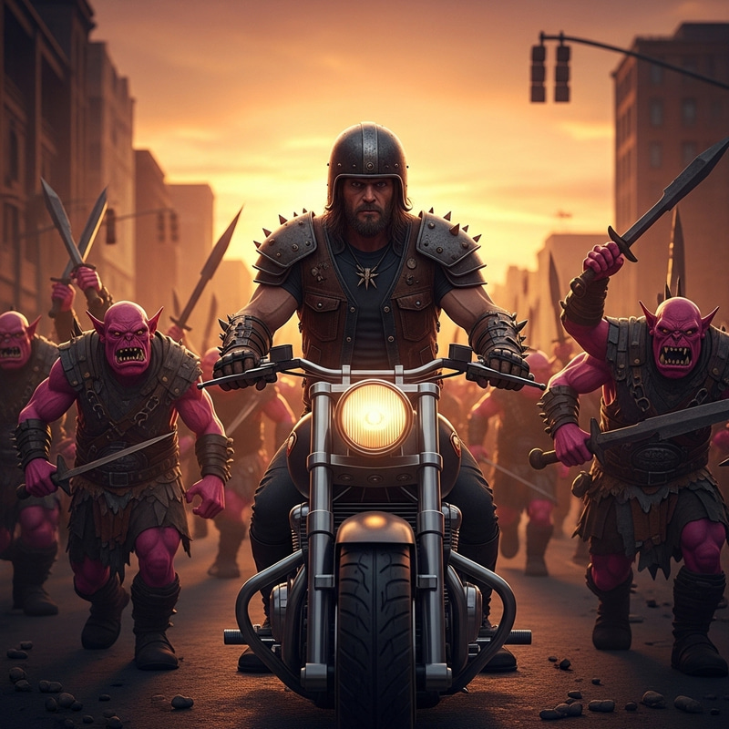 Biker Warrior Confronts Pink Orcs: Epic Sunset Battle Biker Warrior Confronts Pink Orcs: Epic Sunset Battle