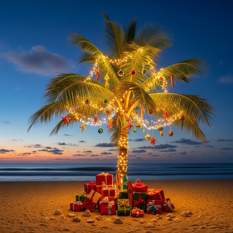 Coconut Tree Decorated with Twinkling Lights and Christmas Ornaments Coconut Tree Decorated with Twinkling Lights and Christmas Ornaments
