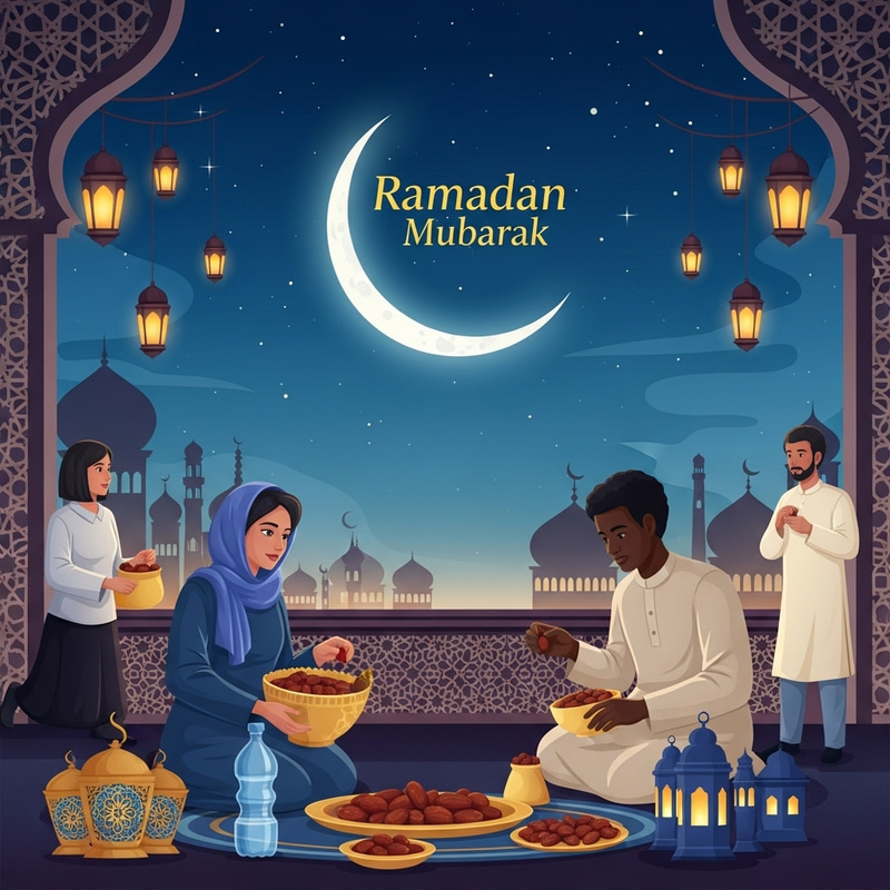 Ramadan Mubarak Scene | Moon, Lanterns & Togetherness Ramadan Mubarak Scene | Moon, Lanterns & Togetherness