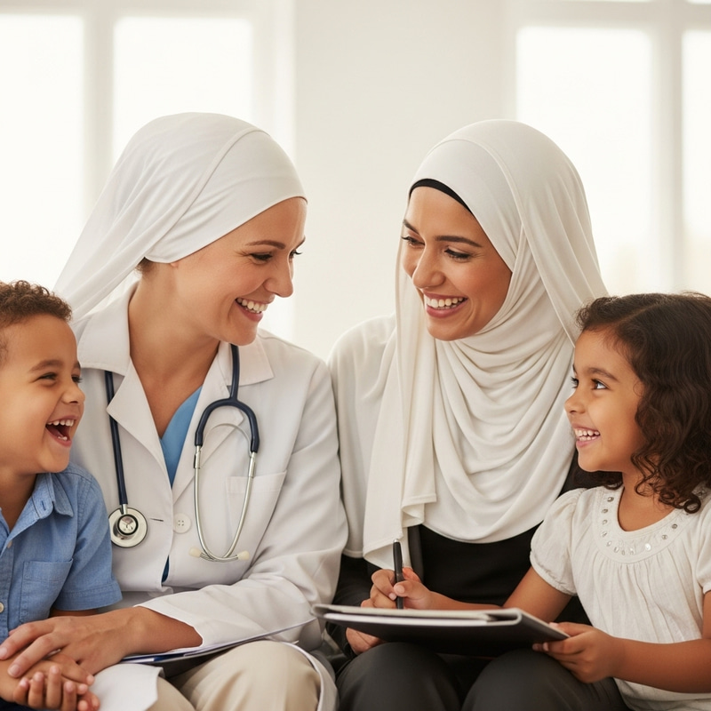 Heartwarming Friendship: Veiled Doctor & Businesswoman with Kids Heartwarming Friendship: Veiled Doctor & Businesswoman with Kids