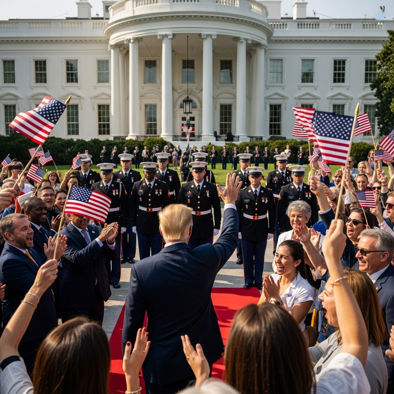 Person Welcomed by US Army at White House Surrounded by Flag-waving Crowd Celebrating