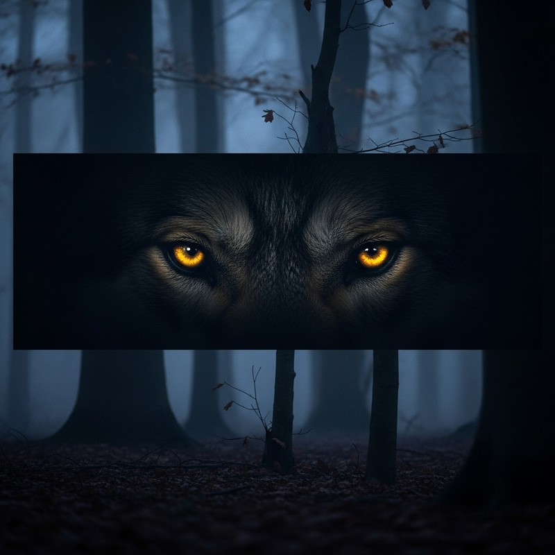 Wolf Eyes in Forest: Mysterious Scene Wolf Eyes in Forest: Mysterious Scene
