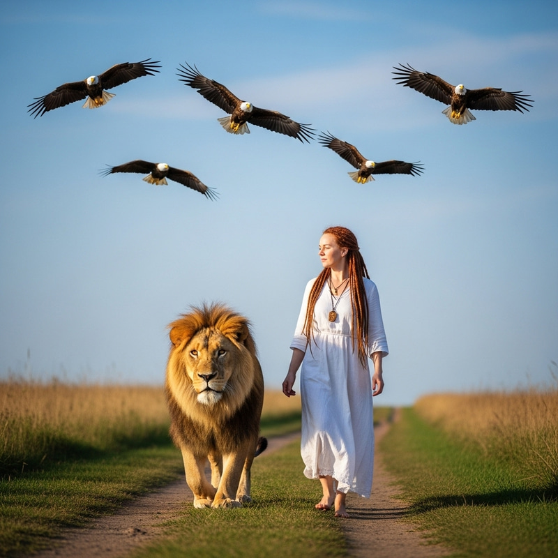 White Woman Walking with Lion and Eagles - Wildlife Harmony