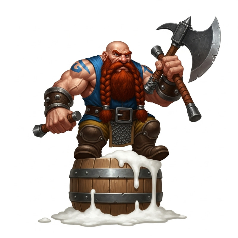 Muscular Dwarf on Foaming Beer Barrel with Iron Axe