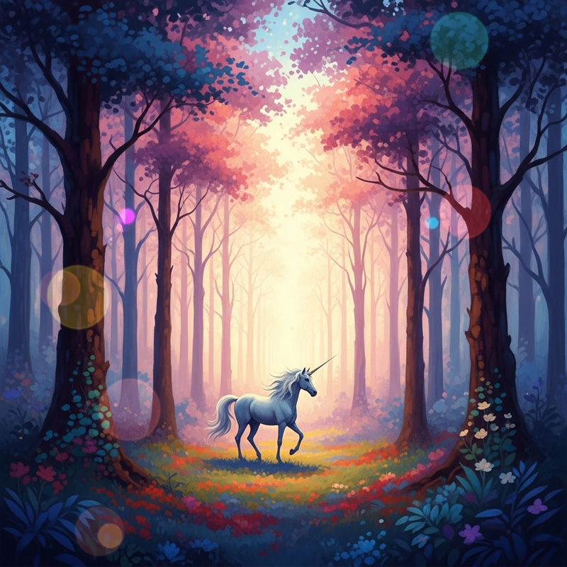 Mystical Forest with Unicorn in Vibrant Colors