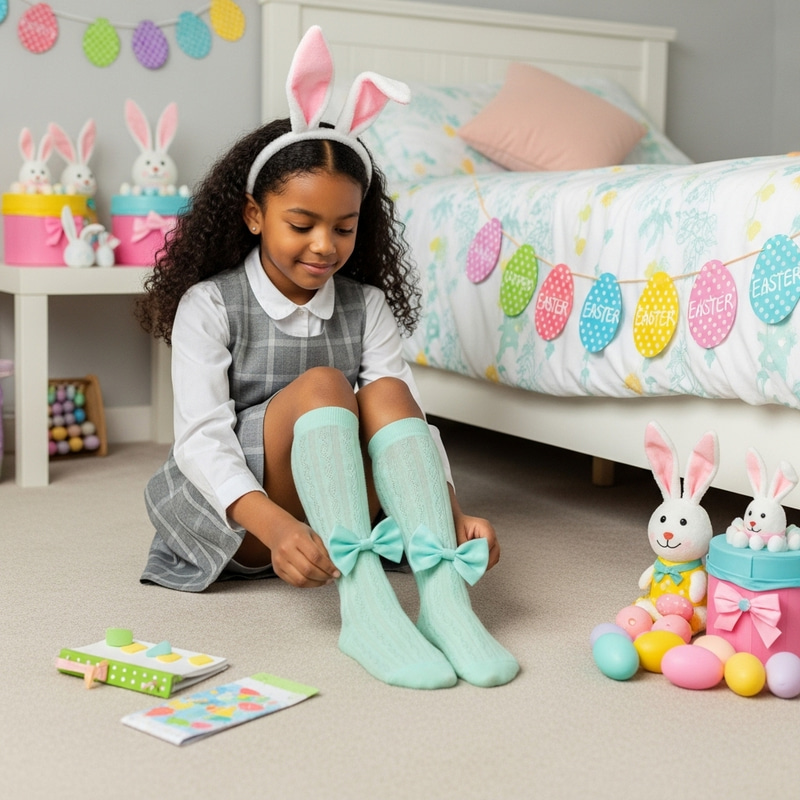African Schoolgirl in Easter Outfit Adjusting Bow Socks