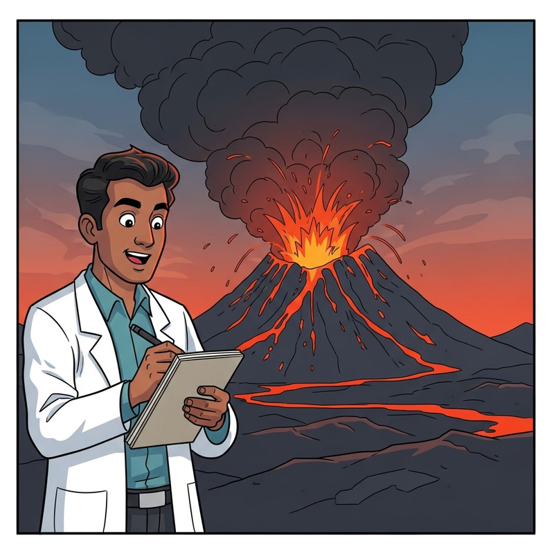 Cartoon Scientist Studying Erupting Volcano Comic Panel Cartoon Scientist Studying Erupting Volcano Comic Panel