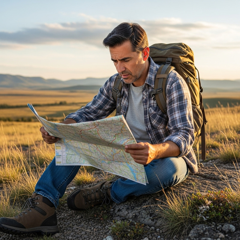 Adventurous Man with Map in Wilderness Adventurous Man with Map in Wilderness