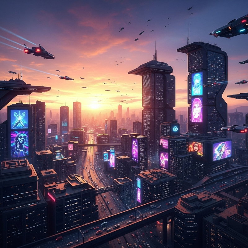 Futuristic Cityscape at Sunset - Neo-Noir Metropolis with Flying Cars Futuristic Cityscape at Sunset - Neo-Noir Metropolis with Flying Cars