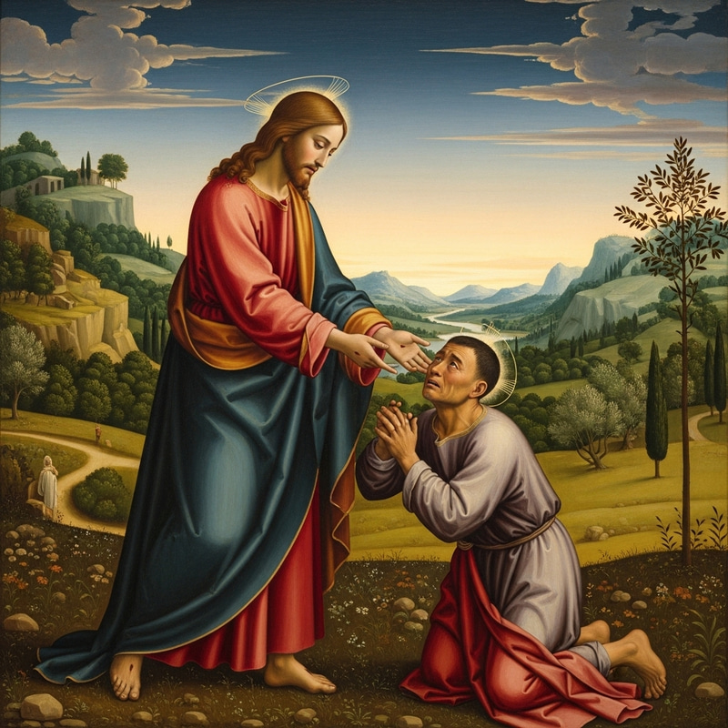 Jesus Forgives and Lifts Repentant Sinner in a Serene Landscape Jesus Forgives and Lifts Repentant Sinner in a Serene Landscape